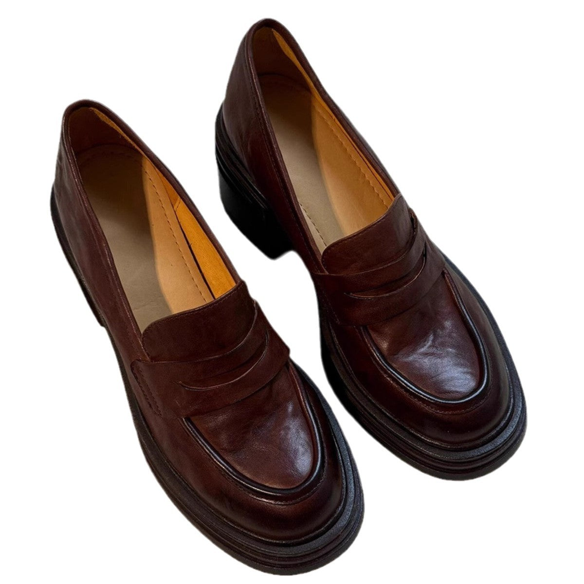 Soft Leather Version~Lancui Thick-Soled Chunky Heel Loafers for Women, Retro Style, Height-Increasing Slip-On Simple Leather Shoes for Petite Women