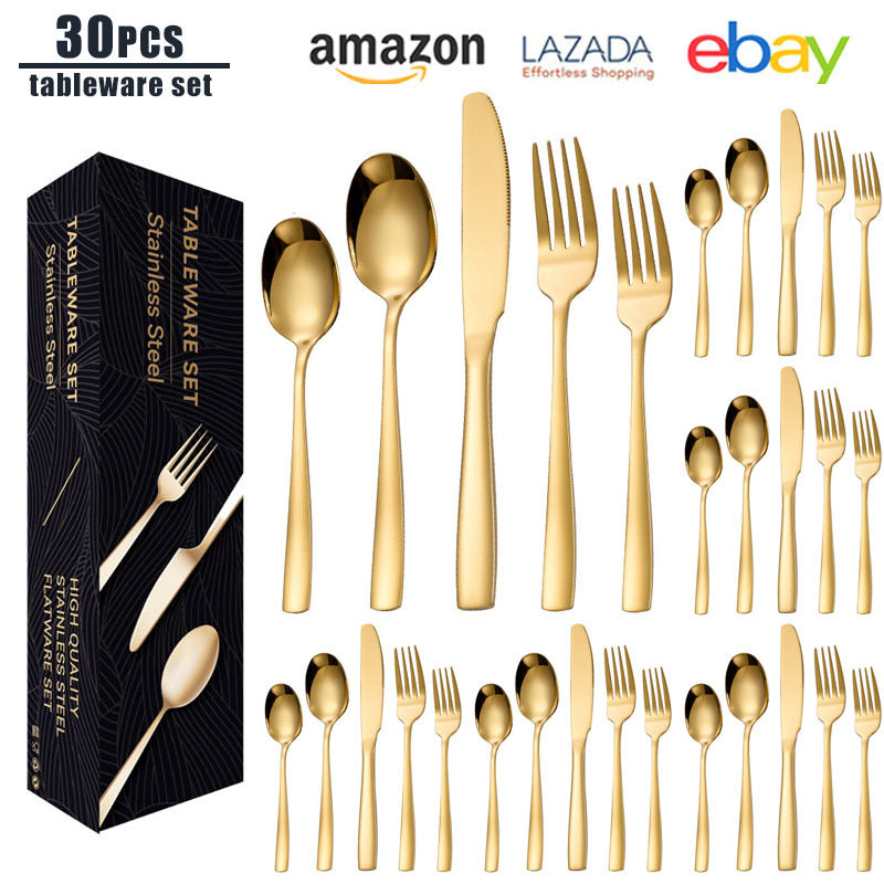 tatableware set Square Handle Stainless Steel Knife Fork Spoon Mail Order Box Color Box Set Titanium Coated Western Steak Knife Fork
