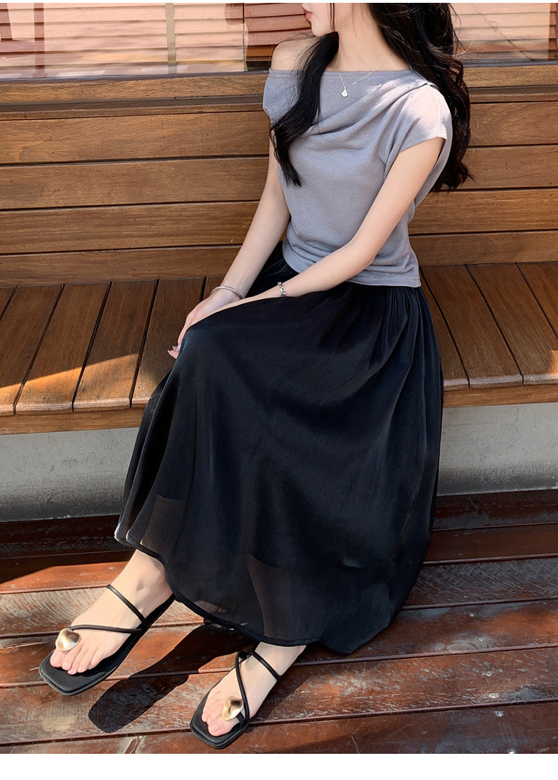 High-end Flowing Sheer Skirt for Women in Summer2025New Style Glassy Sheer Large Hem Mid-Length Draped a Women's pleated skirt