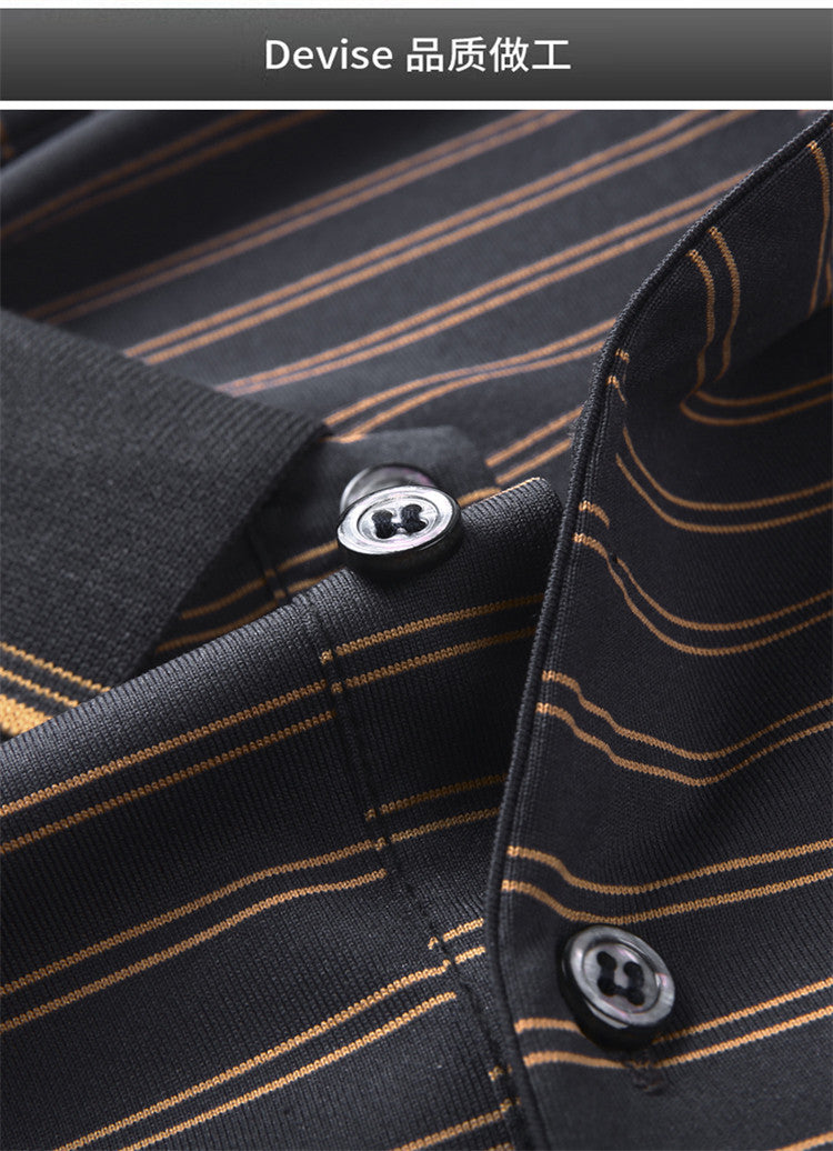 Autumn Men's Long Sleeve Cotton t Shirt for Middle-aged Dad Autumn Outfit with Turn-down Collar and Stripes POLO Base Layer Shirt T Grandpa's clothes
