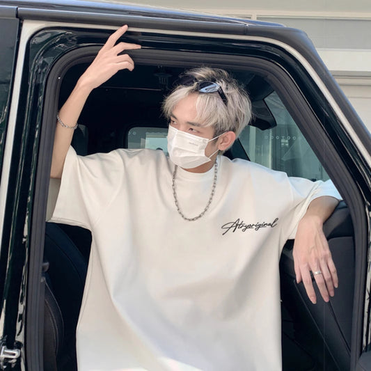 Heavyweight American High Street Letter Print Summer t T-shirt2025Trendy Versatile Men's Casual Cotton Loose Short Sleeve Shirt