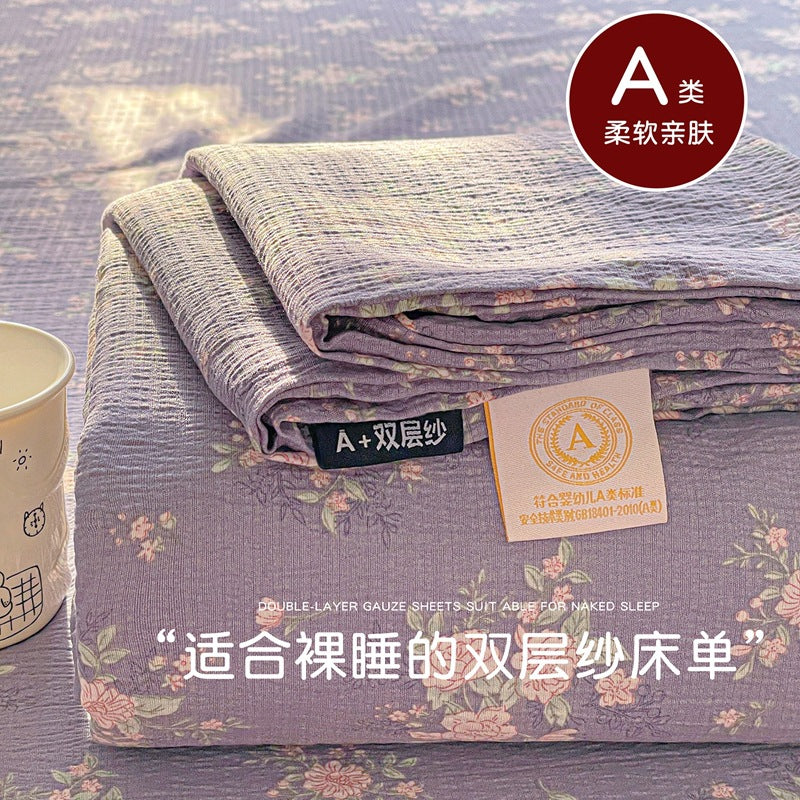 a Double-layer Gauze Bed Sheet Single Piece Fresh Style A Summer-style Naked Sleep Pillowcase Single Double Student Dormitory Three-piece Set