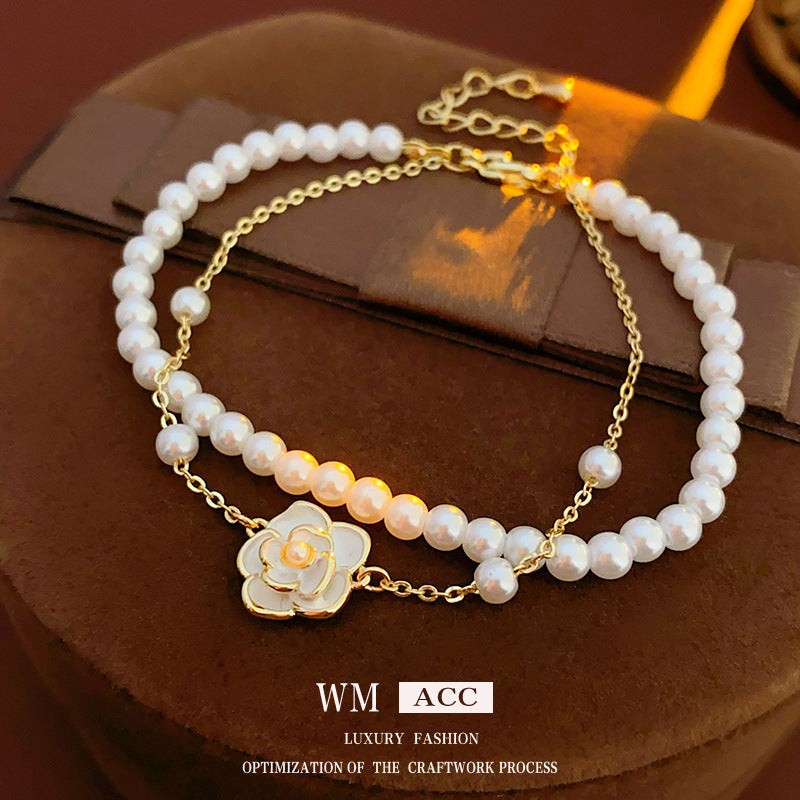 Real Gold Plated Oil Drop Camellia Pearl Bracelet Elegant Temperament Bracelet Light Luxury High-end Earrings Manufacturer Wholesale