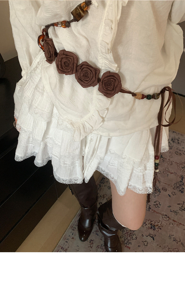 Vintage Western Style Brown Studded Belt for Women, Niche Design Flower Waist Rope for Dresses and Jeans, Waist Cincher Accessory