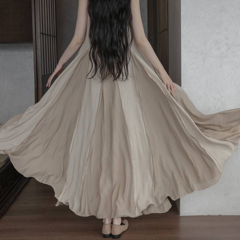 2025Spring New Heavy Craft Large Hem Strap Dress New Chinese Style Retro National Style Artistic Patchwork Long Dress