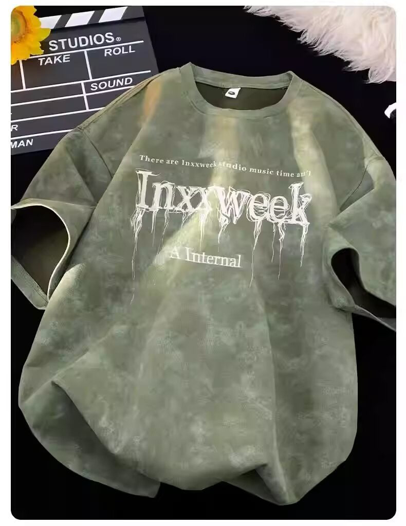 American Style Tie-Dye Short Sleeve T Men's Summer T-shirt2025New Style Dirty Street Style Casual Loose Breathable Plus Size T-Shirt