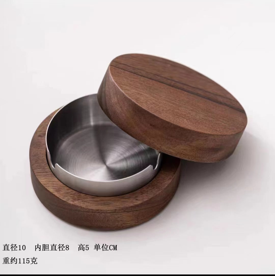Walnut Ashtray for Home Living Room with Lid, Anti-Fly Ash, Stainless Steel Inner Liner, Creative Office Quality Ashtray