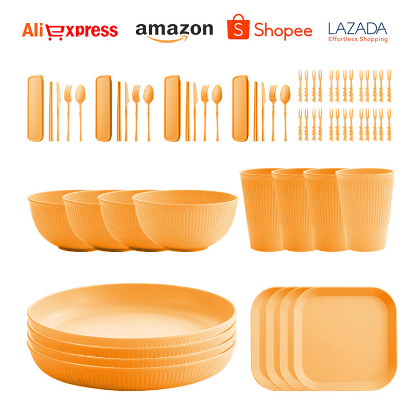 TEMU Amazon Wheat Straw Plate Bowl Cup Tableware Set Household Dining Plate Rice Bowl Water Cup Tableware Set Eco-friendly