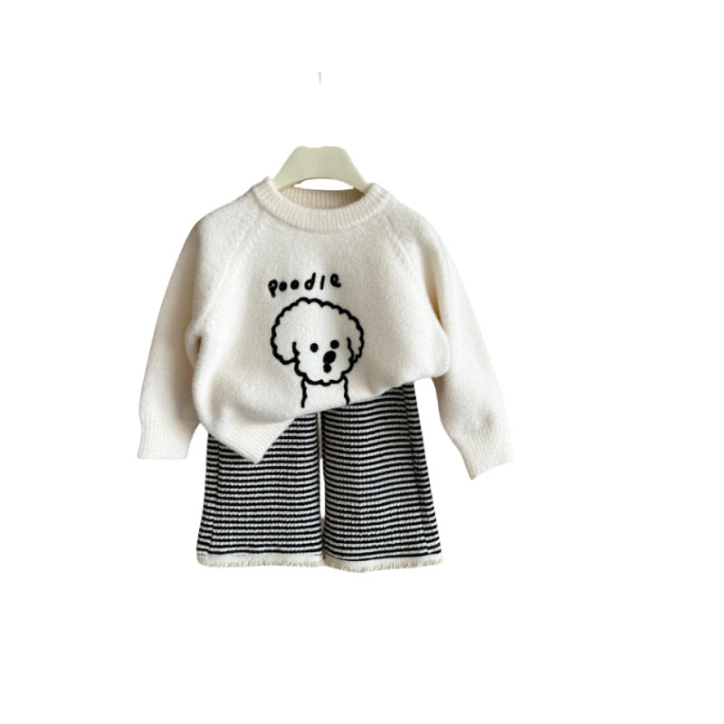 Sweet Little Girl Autumn Sweater Pants Set Cartoon Top with Striped Long Pants Two-Piece Korean Style Children's Clothing
