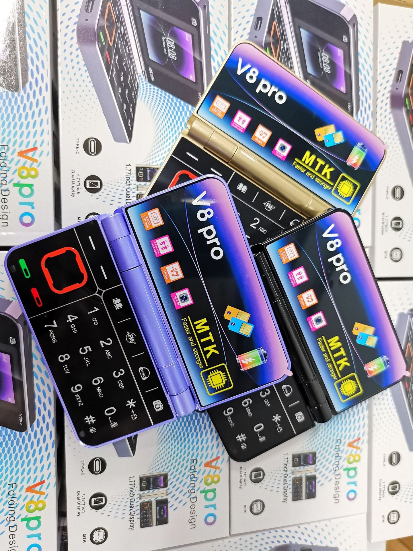 Cross-Border Foreign Trade V8pro Dual Screen Folding Flip Function Phone2G Elderly Foreign Language Mobile Phone Large Buttons Flashlight