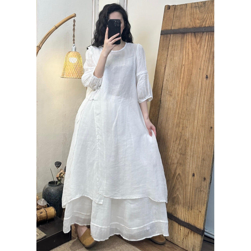 2025Summer New Retro Niche Pure Ramie Handmade Button Lace-up Light National Style Dress