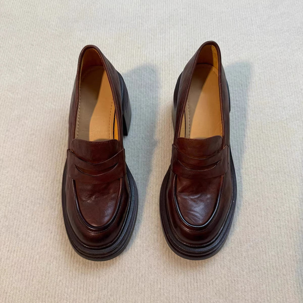 Soft Leather Version~Lancui Thick-Soled Chunky Heel Loafers for Women, Retro Style, Height-Increasing Slip-On Simple Leather Shoes for Petite Women