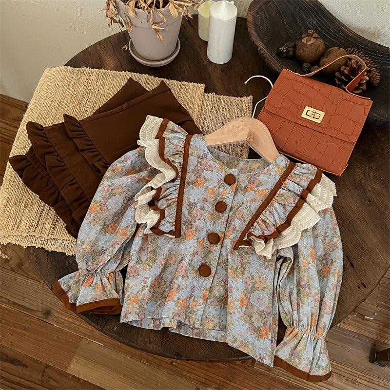 Sweet Little Girl Autumn Outfit Set New Fashionable Retro Autumn Children's Flared Pants Autumn Style Internet Celebrity Children's Clothing