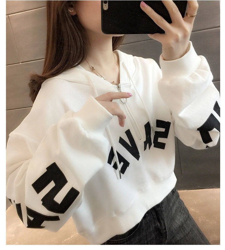 Half Zipper Hooded Short Petites Sweatshirt Women2025New Early Autumn Thin High-Waisted Stylish Streetwear Jacket Trend