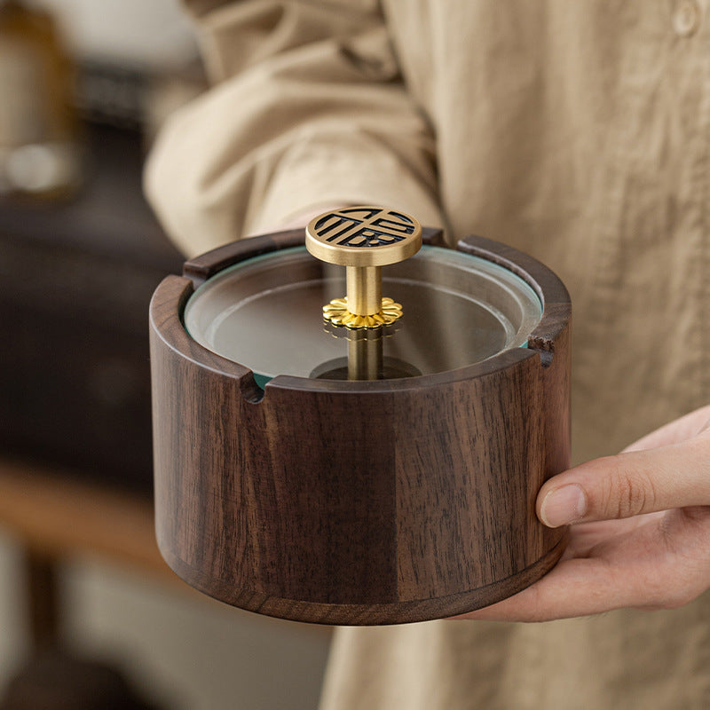 Walnut Ashtray for Home Living Room with Lid, Anti-Fly Ash, Stainless Steel Inner Liner, Creative Office Quality Ashtray