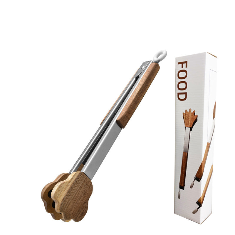 New Cross-Border Acacia Wood Food Clip Food Clip Cat Paw Palm Clip Stainless Steel BBQ Barbecue Tongs Steak Tongs