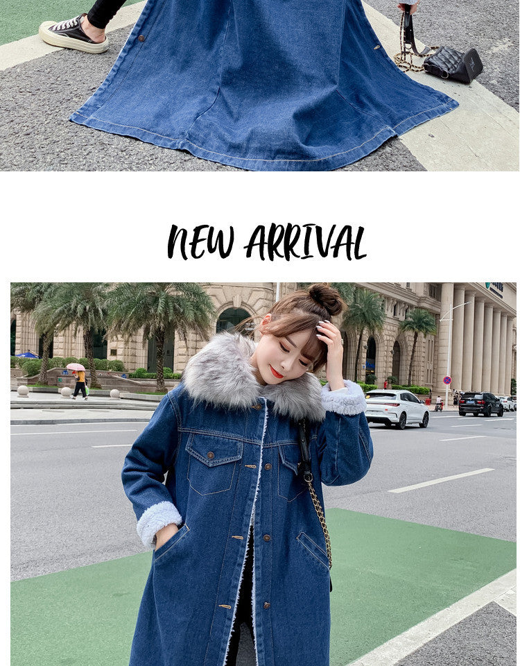 2022Winter New Mid-Length Large Fur Collar Fleece-Lined Lamb Wool Denim Jacket for Women Loose Casual Cotton Coat