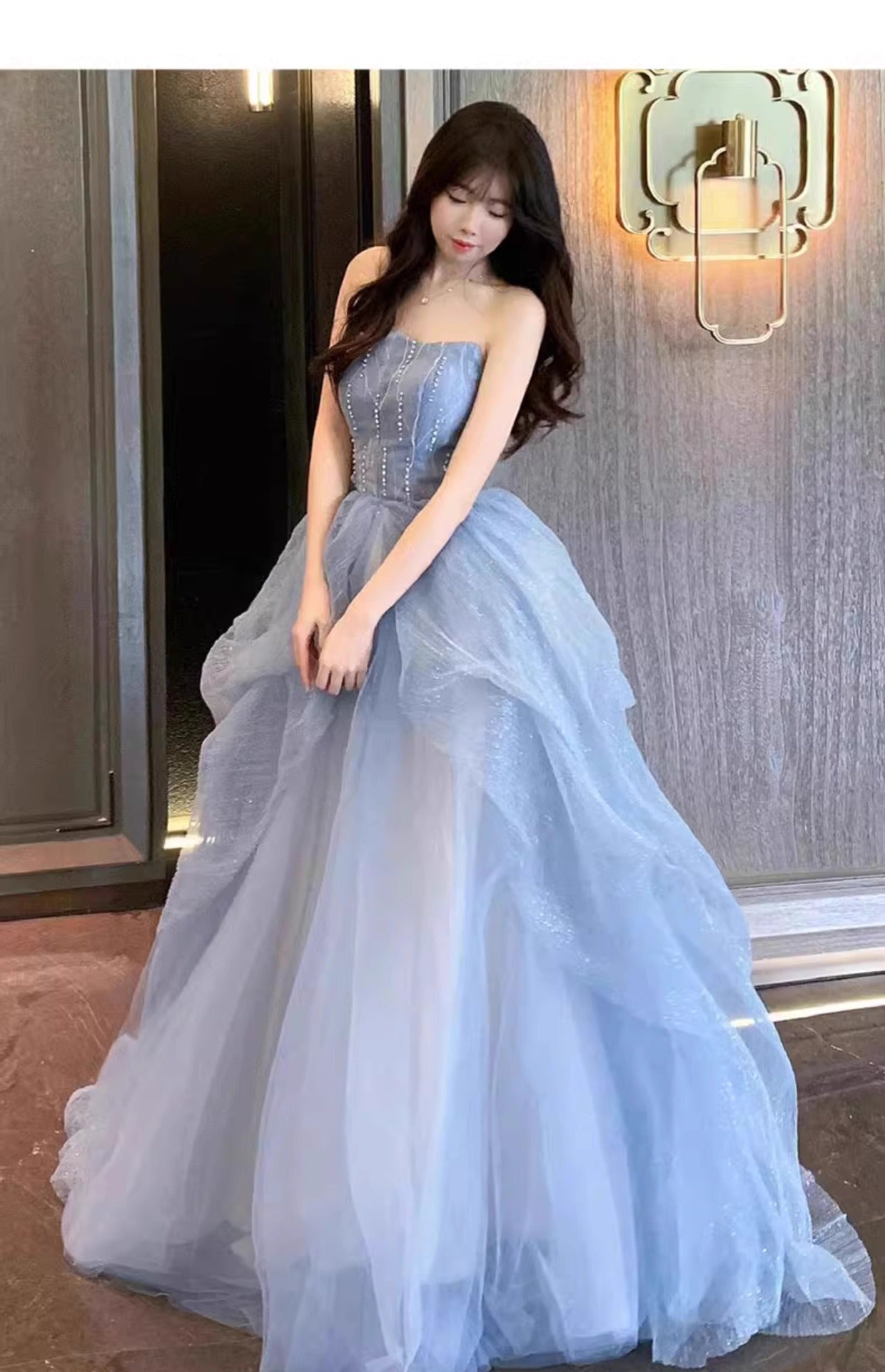 Blue Strapless Dress Puff Skirt Runaway Princess Fairy Dress Light Luxury High-end Evening Dress Host Slim Fit Elegant
