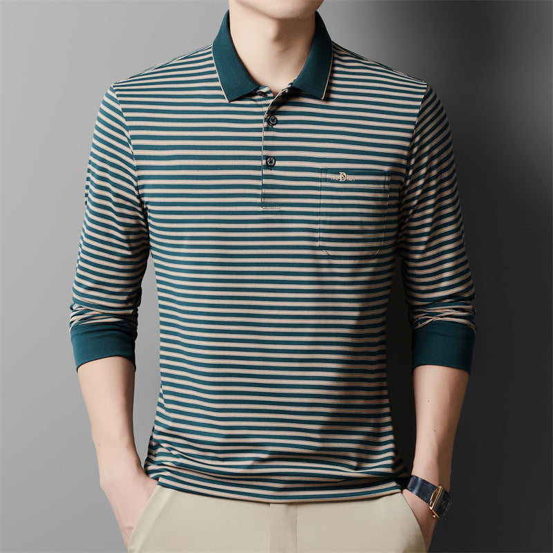 Autumn Men's Long Sleeve Cotton t Shirt for Middle-aged Dad Autumn Outfit with Turn-down Collar and Stripes POLO Base Layer Shirt T Grandpa's clothes
