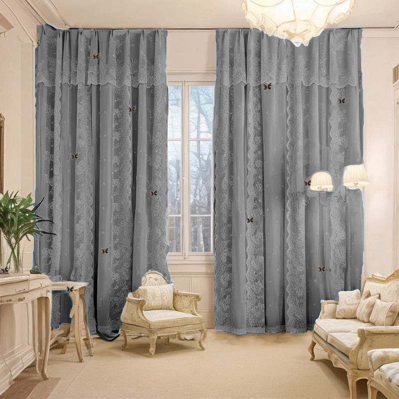 New Cream Style Curtains Cozy Bedroom Blackout Lace Double Layer Fabric Sheer Integrated Bay Window Floor-to-Ceiling Thickened High-End