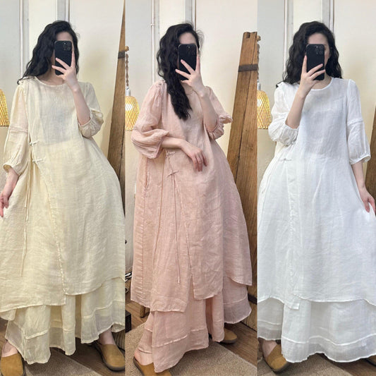 2025Summer New Retro Niche Pure Ramie Handmade Button Lace-up Light National Style Dress