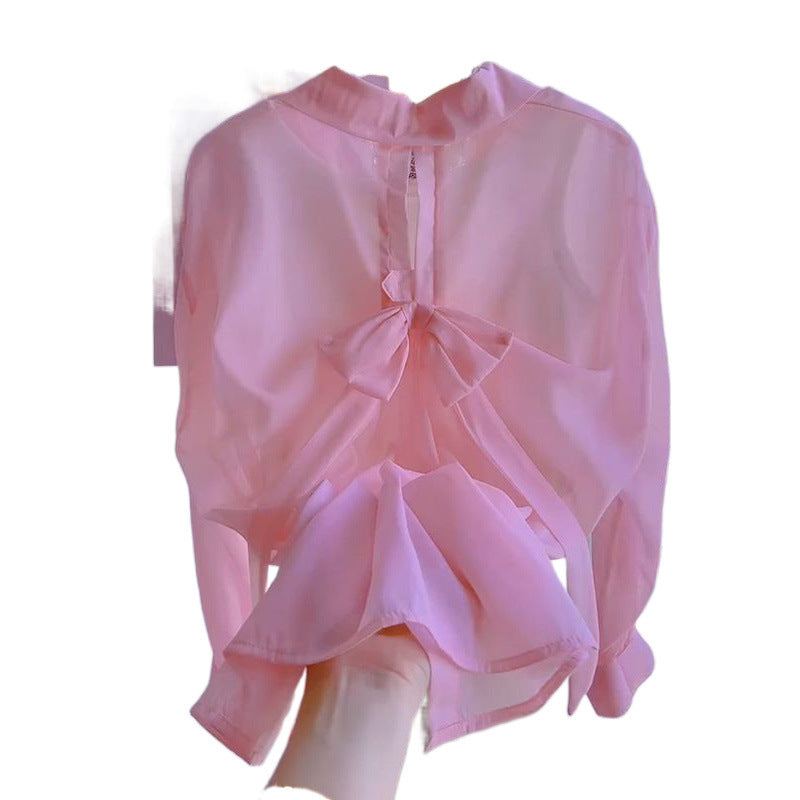 2025Summer Gentle Sweet Back Bow Pearl Sunscreen Blouse for Women Thin Sheer Chiffon Shirt Top