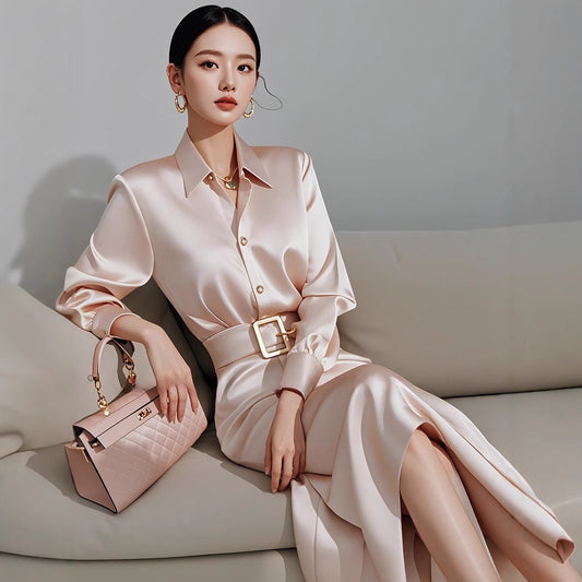 2025Spring French Style for Important Occasions Elegant and High-End Champagne Color Shirt Dress