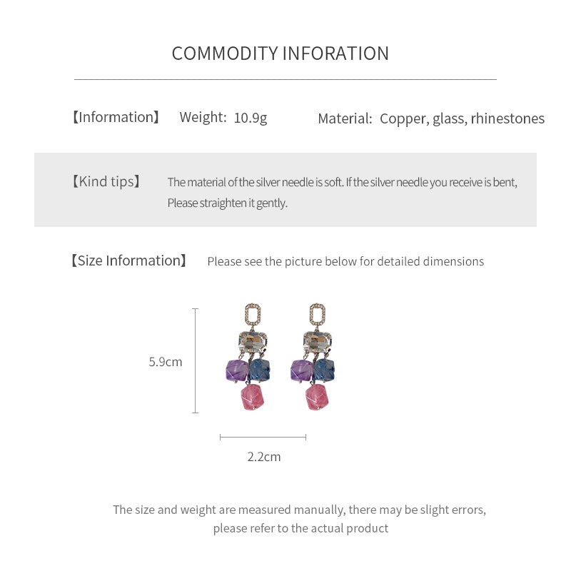 Silver Needle Inlaid Diamond Square Crystal Pendant Earrings Fashion European and American Exaggerated Earrings Light Luxury High-end Niche Earrings for Women