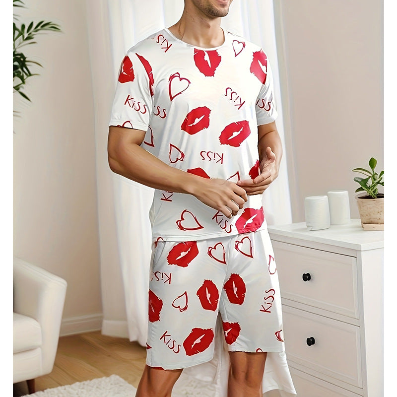 Cross-Border Delivery2025New Summer Men's and Women's Shorts Casual Kiss Print Couple Set Loungewear