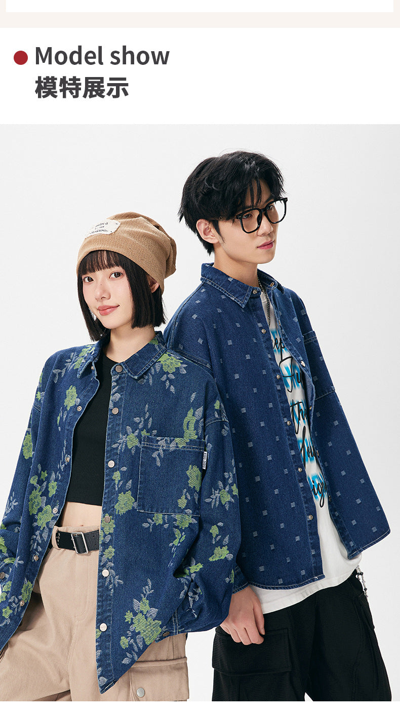 Pattern Jacquard Blue Denim Jacket Men Spring and Autumn Loose Casual Washed Shirt Long Sleeve Shirt Unisex