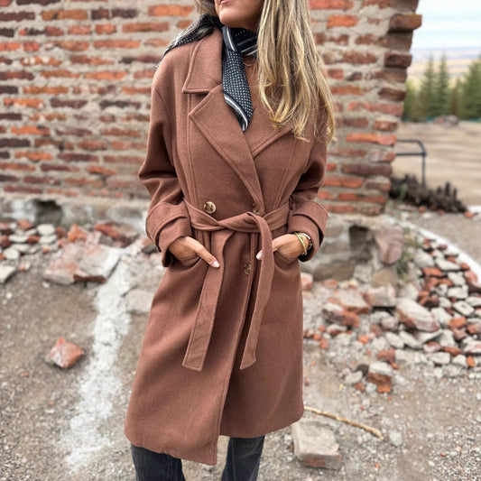 2025Amazon European and American Cross-Border Autumn Winter New Lace-Up Cardigan Casual Long Sleeve Turn-Down Collar Woolen Pocket Coat for Women