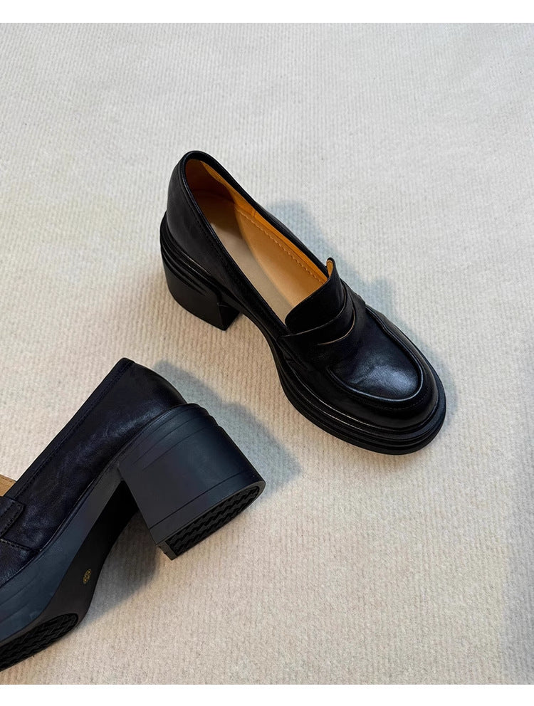 Soft Leather Version~Lancui Thick-Soled Chunky Heel Loafers for Women, Retro Style, Height-Increasing Slip-On Simple Leather Shoes for Petite Women