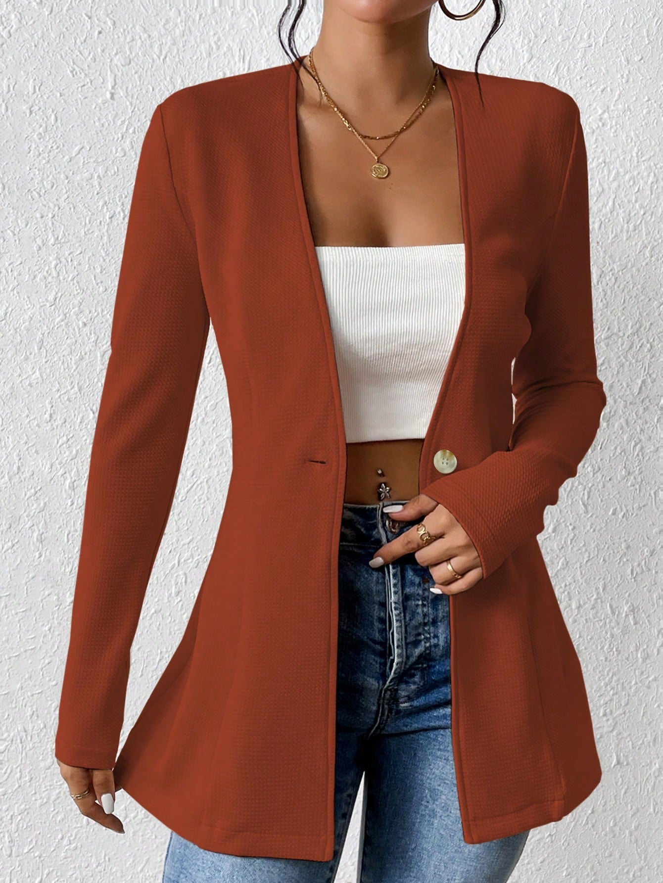 2025New Korean Fashion Style from Amazon Europe and America V Single Button Solid Color Long Sleeve Blazer