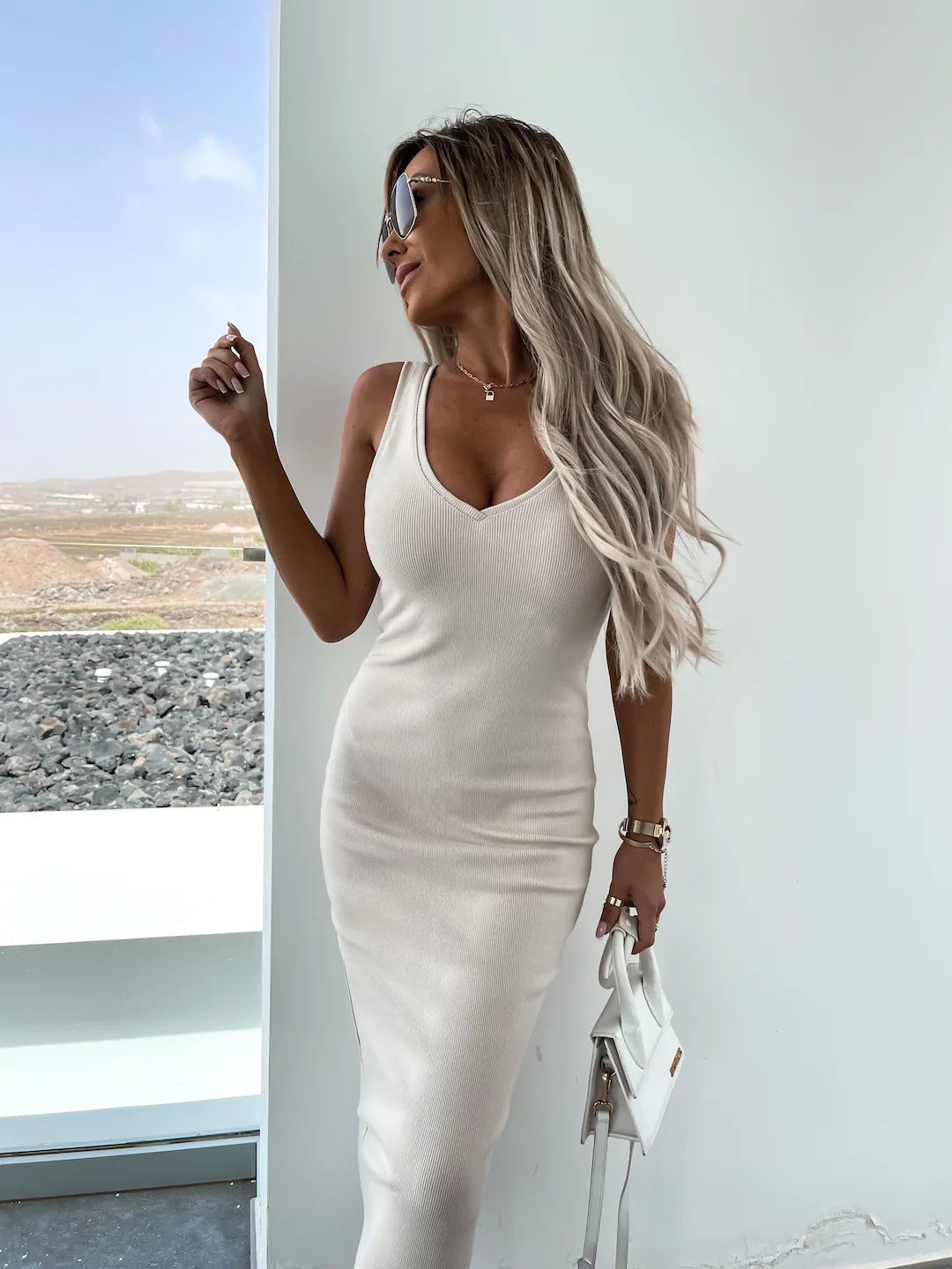 Amazon European and American Cross-Border New Spring Summer Women's Solid Color Clothing V Collar Long Sleeve Sweater Sling Slim Fit Long Dress2Set