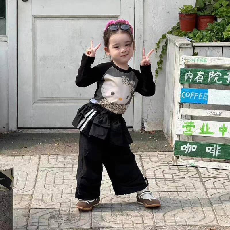 Sweet Little Sister Children's Clothing Autumn New Style Girls' Korean Fashion Slim Cartoon T Shirt Ruffled Casual Cargo Pants