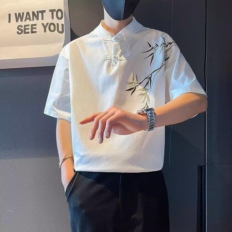 Summer New Chinese Style Button Short Sleeve T Men's Shirt with Unique Embroidery Bamboo Design Retro Cool National Style Half Sleeve t T-shirt
