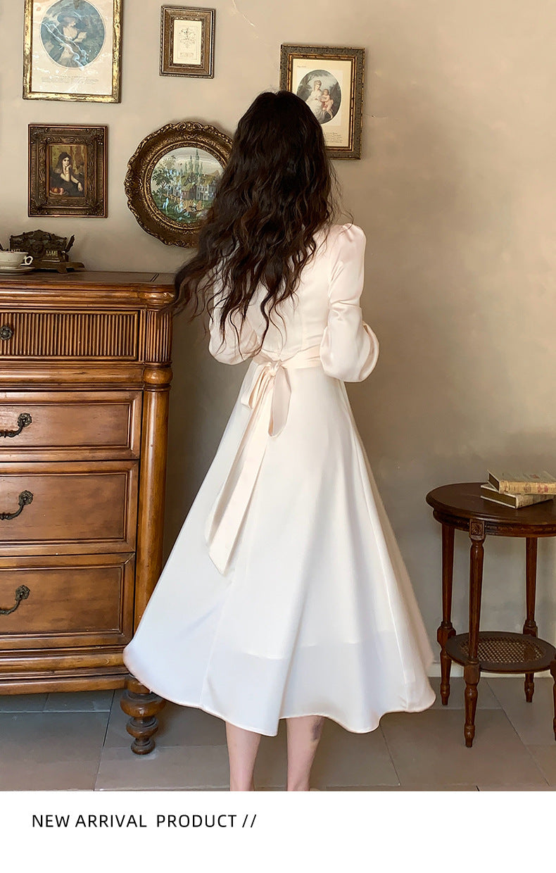 French A Line skirt2025Spring and Summer New Women's Long Sleeve Dress Waist Slimming Elegant Acetate Satin Long Dress