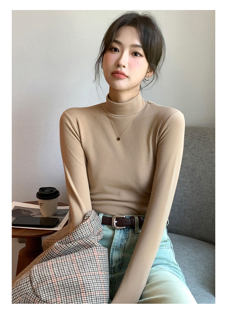 Half Turtleneck Double-Sided Thermal Base Shirt for Women, Spring and Autumn Style, Stylish Inner Wear, Solid Color, Fleece-Lined, Thickened, Warm Long-Sleeve Top