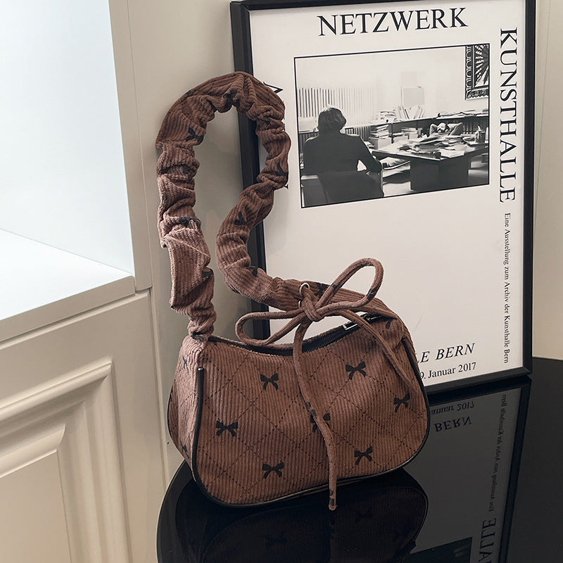 Sweet Bow Plaid Single Shoulder Underarm Crescent Bag2024Autumn new simple casual large capacity handbag