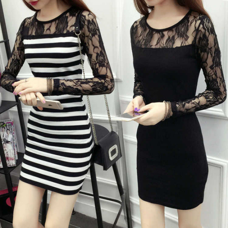 Plus Size Fat2024Spring and Autumn New Korean Style Striped Lace Mesh Patchwork Bodycon Mid-Length Shirt Dress