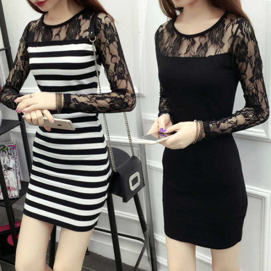Plus Size Fat2024Spring and Autumn New Korean Style Striped Lace Mesh Patchwork Bodycon Mid-Length Shirt Dress