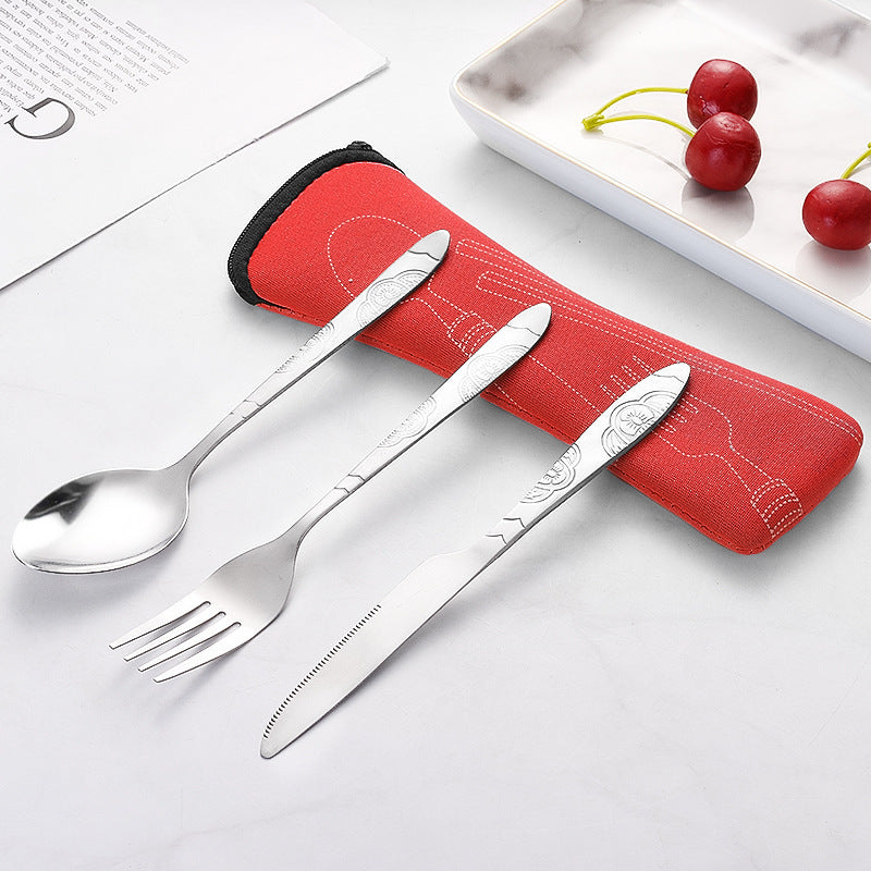Stainless Steel Western Steak Knife Fork Spoon Cloth Bag Portable Western Cutlery Three-Piece Set Creative Gift Set Cross-Border Source