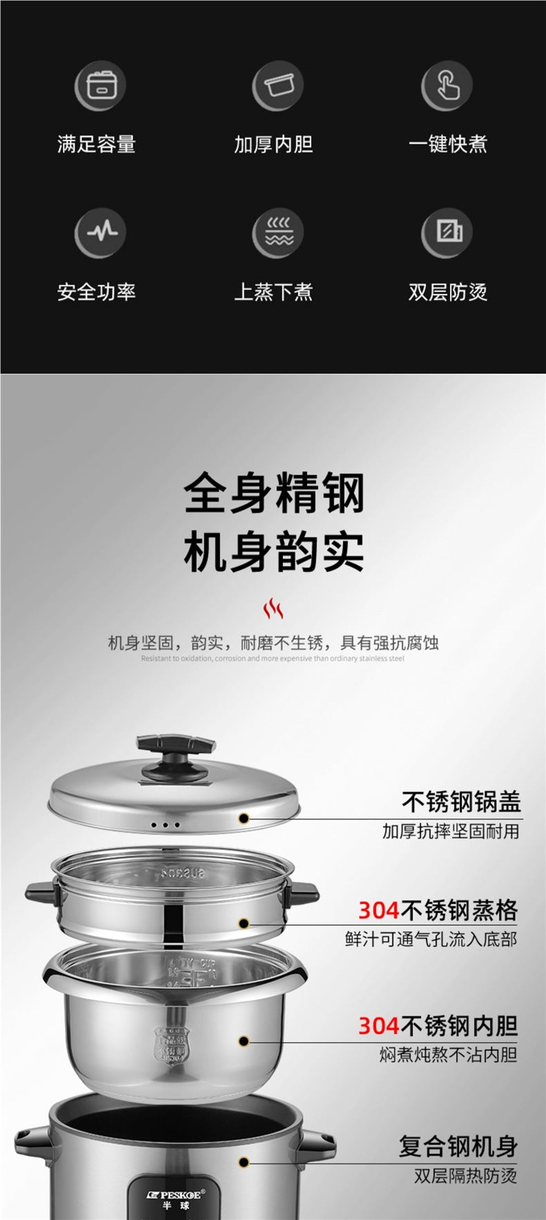 316Stainless Steel Old-fashioned Rice Cooker Household Small Steaming and Cooking1-2-3-4-6People5L Porridge and Soup Cooker