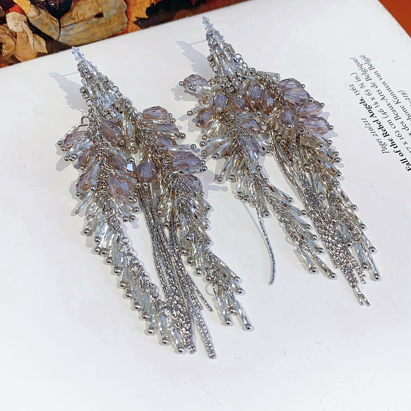 Silver Needle Inlaid Diamond Glass Tassel Earrings Fashion European and American Exaggerated Heavy Craft Stud Earrings Light Luxury High-end Niche Earrings for Women
