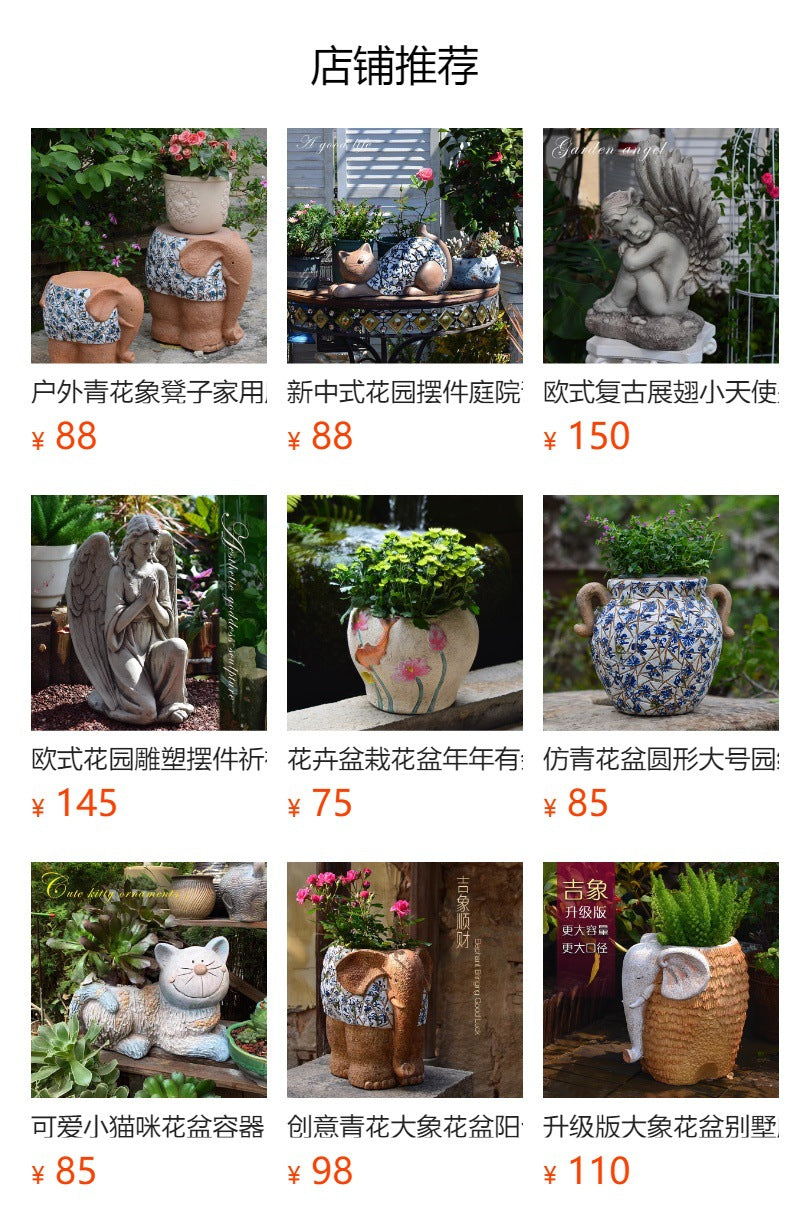 Cartoon Courtyard Animal Decoration Ornament Blue and White Elephant Stump Courtyard Garden Flower Pot Base Balcony Outdoor Chair