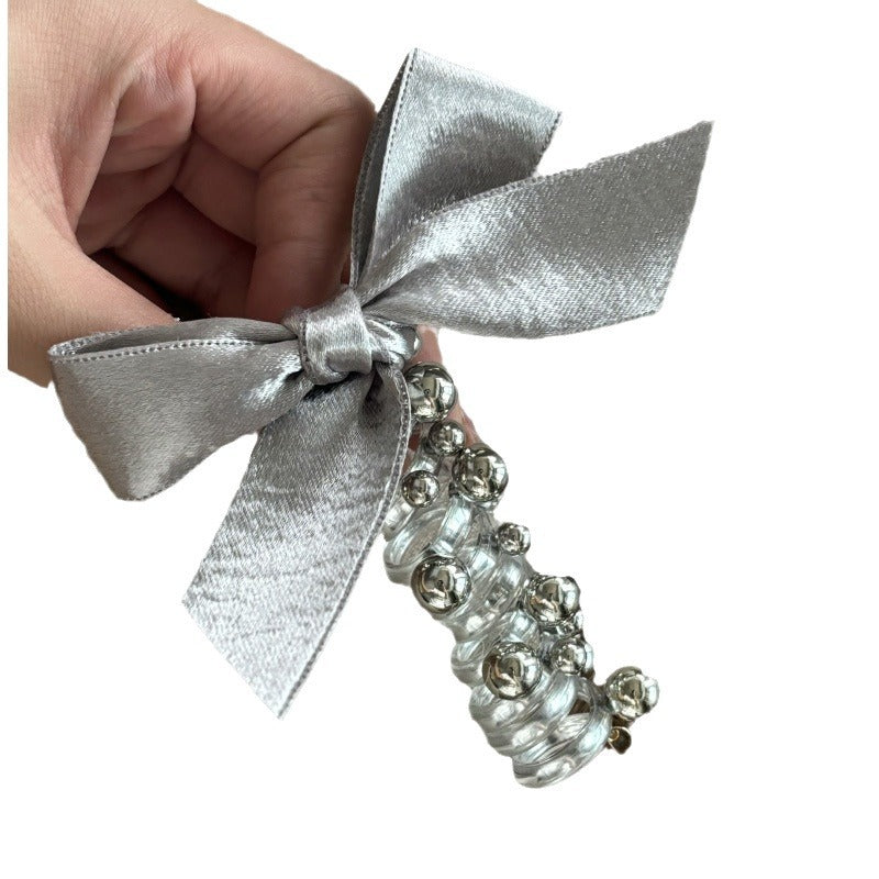 Korean Style Silver Bow Hair Tie Beaded Telephone Wire Hair Rope Ponytail Holder Sweet Bubble Braid Hair Styling Tool