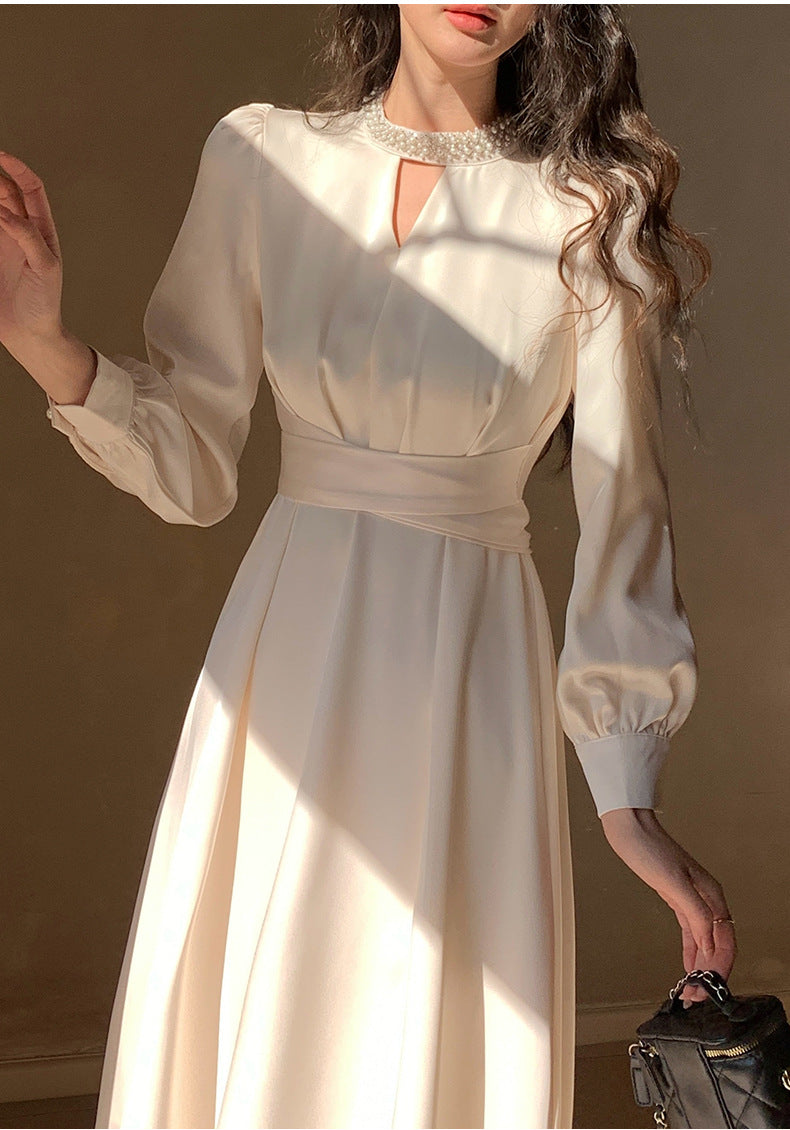 French A Line skirt2025Spring and Summer New Women's Long Sleeve Dress Waist Slimming Elegant Acetate Satin Long Dress