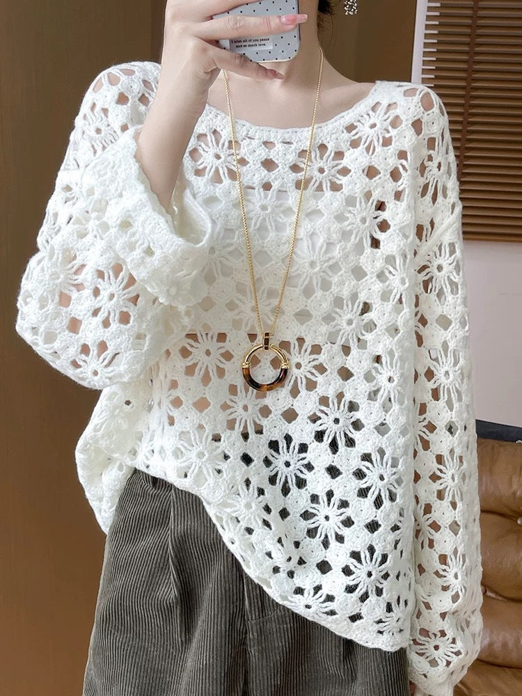 Early Autumn Crochet Hollow Solid Color V Lazy Style Soft Wool Knitted Pullover Top Slimming