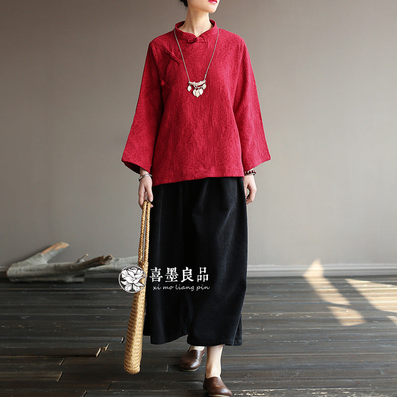 8813Xi Mo Women's Clothing Republic of China Retro Artistic Spring and Autumn New Double Layer Jacquard Button Shirt Chinese Style Short Top