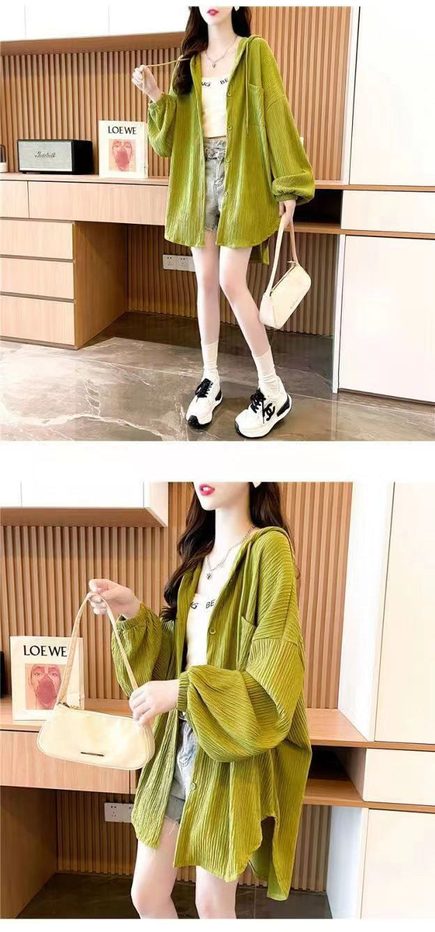 plus Size300White Long Sleeve Sun Protection Jacket for Women, Summer Versatile Mid-Length Loose Cardigan with Hood